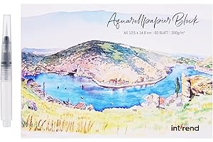 int!rend Aquarellpapier Postkartenformat A6 300g/m² - 60 Seiten Aquarell Papier Block mit Wassertankpinsel & Bleistift - Aquarell Postkarten Blanko - Aquarellblock Postkartenformat