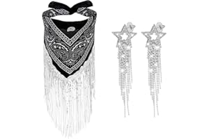 XEPST Fringe Bandana Sparkly Sequin Fringe Bandanas Disco Cowgirl Bachelorette Bandana for Women Girls with Women’s Tassel Star Earrings
