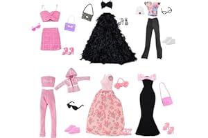 CARREUTY 20 sztuk ubrań i akcesoriów dla lalek, zawiera 3 suknie wieczorowe, 2 zestawy bluzek i spodni, 1 modny zestaw 6 butów, 8 akcesoriów dla dziewczynek i lalek o przekątnej ekranu