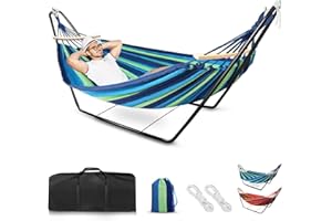 ISWEES Hamaca con Soporte Metalico Hamaca de Doble personas Algodón Portátil con Bolsa para Niños Adultos Camping Viajes Playa Terraza Playa Mochileros, 200*150cm, Carga MAX 150kg