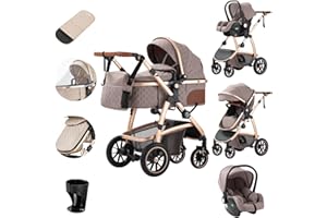 Zkiprm Passeggino 3-in-1 Passeggino Città con Seggiolini Auto Passeggino e Carrozzina Per Neonati Passeggino Braccioli Regolabili Protezione Dagli Urti Paesaggio Alto Telaio in Alluminio Khaki