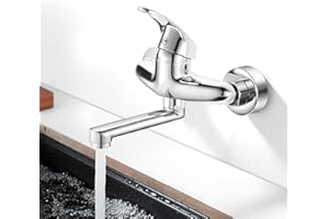BEVANKLY Wasserhahn Küche Wandmontage, 360° Drehbar Wasserhahn Mischbatterie Küche Wandarmatur, Einhebelmischer Küchenarmatur für Schwenkarm 150mm, Warmes und Kaltes Wasser, Verchromt