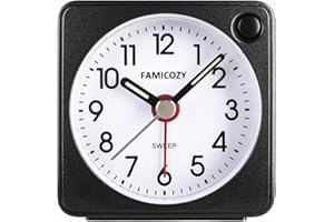 FAMICOZY Mini Size Alarm Clock, Quiet Non Ticking Travel Alarm Clock with Snooze and Nightlight,Gradually Increasing in Volume,Lightweight Analog Quartz Clock,Battery Operated,Black