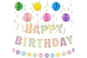 Kriovoa Happy Birthday Banner, Pastel Happy Birthday Decorations, Macaron Birthday Banners for Girls with Honeycomb Ball, Streamer for Birthday Party Decoration Supplies.