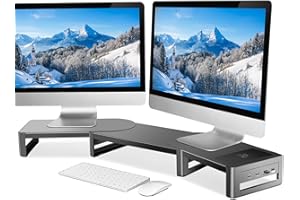 Meatanty Podwójny stojak na monitor, stojak na monitor USB o regulowanej długości i kącie, metalowy stojak na monitor na biurko, do 2 monitorów z miejscem do przechowywania (3 półki)