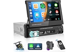 Hikity Autoradio Carplay 1 Din avec Ecran Voiture Tactile Retractable 7 Pouces Android Auto Poste Radio Voiture avec Ecran Bluetooth Main Libres avec Mirror Link EQ USB/TF/AUX +Caméra de Recul