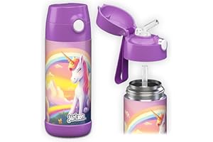 JARLSON® Borraccia Bambini Acciaio Inox, Bottiglia Termica, Senza BPA, Bottiglia Acqua con Cannuccia, Termos 350 ml (Unicorno 2.0)