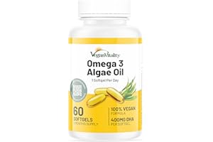 Omega 3 Algae Oil : 400mg DHA - for Heart, Joints, Brain Health, High Strength 60 Softgel Tablets, 2 Months Supply. Vegan Vitality's Algae Omega 3 - Vegans, Vegetarians DHA Supplement