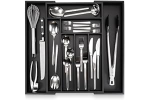 budu Organizador de Cubiertos #47 (profundidad 47 cm) de Bambú, Negro, Bandeja para Cubiertos Extensible, Cubertero Ajustable para Cajón