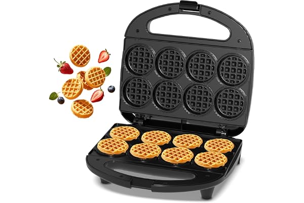 YASHE Mini Wafelijzer, bakt 8 wafels van 5 cm, antiaanbaklaag, compact ontwerp, gemakkelijk schoon te maken, ideaal voor ontbijt, gezinnen en feestjes