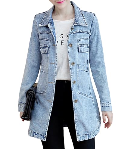 Trench-coat Denim Mi-long Pour Femme - Style Boyfriend, Manches Longues, Poches Pratiques - Taille S à 5XL
