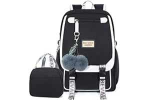 Bevalsa Sac à Dos avec Sac à Lunch Sets, Sacs Scolaires pour Filles Enfant Cartable Élémentaire Étudiant Sac de Voyage Résistant à l'eau 21L pour Les Filles Les Élèves et du Lycée (Noir 3)