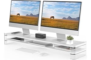 Fenge Supporto per Monitor Grandi in Acrilico, Supporto per Doppio Monitor con Ampio Spazio di Archiviazione, Supporto per Doppio Monitor per PC/Laptop/TV 109,4x23,5x15cm Bianco