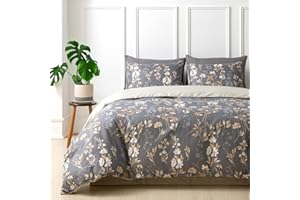 Tokokimo Duvet Cover Set - Bedding Sets Double Reversible, Gold Floral Microfiber Duvet Cover with Pillow Cases, Gifts for Mom Dad Bedroom Decor (Flowers, Grey, Double 200x200 cm)