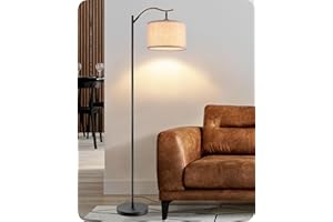 EDISHINE Lámpara de Pie Minimalista con Pantalla de Lino Beige, Bombilla Incluida, Pantalla Ajustable, Casquillo E27, 160cm Lámpara de Arco Negra para Dormitorio, Salón, Oficina