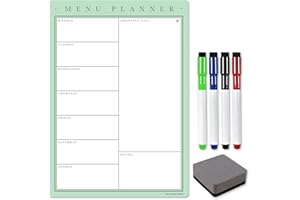 THE MAGNET SHOP TMS Magnetic Weekly Meal Planner A4, Whiteboard Planner, Shopping List and Menu Organiser - with 4 Dry Erase Pens and Eraser Dry Wipe Fridge Calendar for Daily Notes and Reminders (Pistachio, A4)