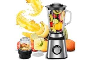 Unipampa Blender Mixeur Électrique, Blender Smoothie 1000W, Mixeur Smoothie Bol verre 1.5L, 6 Lames en Acier Inox, 0.5L Broyer, 3 Vitesses, Mixeur Blender pour Broyeur à grains, Smoothies, Glace pilée