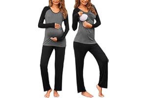 Ekouaer Damen Stillpyjama Lang Umstands Zweiteiliger Schlafanzug Langarm Umstandsmode Winter Krankenhaus Hausanzug für Schwangerschaft S-XXL