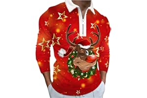 Generisch Weihnachtshemd Herren -Weihnachtshemden Casual Print Langarm Zipper Revers Tops Bluse T Shirt, L-4XL