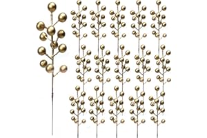 KKSTY 16Pcs Christmas Berry Stem, 24cm Artificial Berry Picks Holly Berries Branches for Christmas Tree Decoration Wreath DIY Crafts Holiday Season Winter Home Decor (Gold)