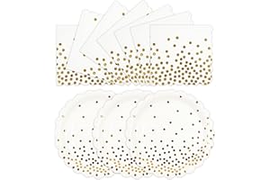 HFBOBP 50PCS White and Gold Paper Plates and Napkins Party Supplies, 7 Inch Scalloped Dot Paper Dessert Cake Plates and Napkins Disposable Tableware Set for Birthday Baby Shower Decorations