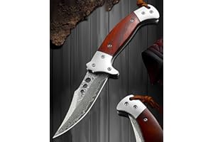 Omesio Coltello pieghevole in damasco, coltello tascabile da caccia con manico in legno di damasco giapponese (coltello a una mano - MEIHUAN), ideale per campeggio e caccia
