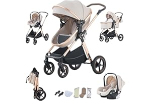 Shineey kinderwagen 3 in 1 Buggy Babybett Komplett Set Einem Klick Zusammenklappbarer Kinderwagen, 3 in 1 KombiKinderwagen Aluminiumrahmen für Neugeborene