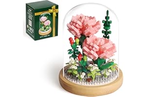 HIGH GODO Bukiety kwiatów, różowa róża, drzewko bonsai, kolekcja botaniczna z gablotą, mini zestawy upominkowe dla dorosłych, nastolatków, 12 dziewcząt, kobiet (675 szt. mikrobloków)