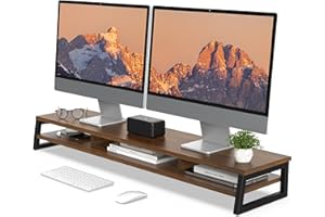 Fenge Dual Support de Moniteur , Réhausseur d'Écran d'Ordinateur en Bois, Pour PC/Ordinateur/Fax/Imprimante/TV, Organisateur de bureau, 118x25,5x13,7cm, Charge de 45KG (Marron)