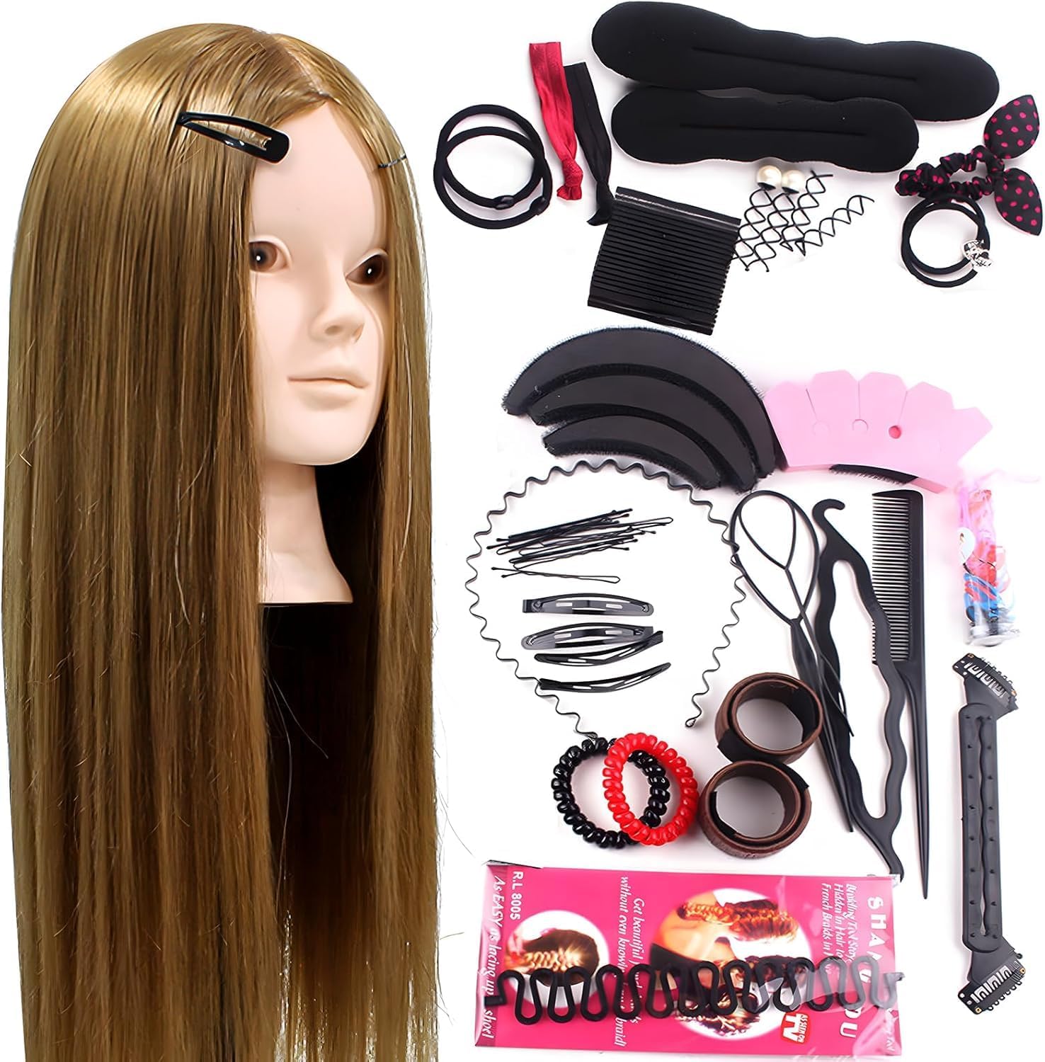 Neverland Cabeza de Peluqueria 24" 50% Pelo auténtico Cabeza Para Peinar Cabeza Maniqui Peluqueria Maniquí Muñeca para Peluquería con Soporte + Accesorios de Peinado DIY