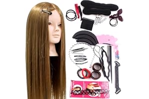 NEVERLAND BEAUTY & HEALTH Neverland Cabeza de Peluqueria 24" 50% Pelo auténtico Cabeza Para Peinar Cabeza Maniqui Peluqueria Maniquí Muñeca para Peluquería con Soporte + Accesorios de Peinado DIY