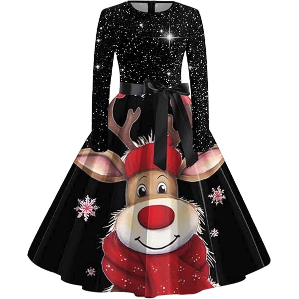 Elegant kerstjurk voor dames, langarm, met kerstmotief, funky Hepburn-stijl, vintage A-lijn, feestjurk, cocktailjurk voor vrouwen, A5-rood, M