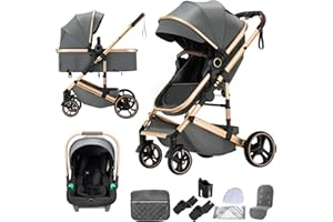 Shineey Kinderwagen 3 in 1, Alltags Buggy Faltbarer Kinderwagen Set, Kombikinderwagen 3 in 1 mit Großer Bequemer Babywanne, Laufwagen Rahmen Aluminiumlegierun (H9 DARK GREY, H9)