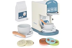 MEDOGA Play Kitchen Accessories Kids Wooden Coffee Maker Toy Espresso Machine Toddler Toy Kitchen Sets for Girls and Boys (white)