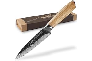 hecef Cuchillo Cocina Damaco 12.7 CM, Cuchillo Utilidad Profesional para cortar carne, jamonero, rutas y verduras - 67 Capas de Acero Damasco con Mango de Madera de Olivo