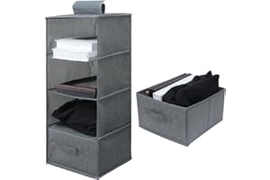 Minnhua Hängeregal Schrank Organizer mit 4 Fächern, Hängeaufbewahrung mit 1 Schublade, Hängeregal Stoff, Closet Organizer für Schlafzimme Wohnwagen Camping (Grau)