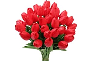 Tifuly 24 pezzi di tulipani artificiali in lattice, realistici bouquet di fiori finti di tulipani per la casa, matrimonio, festa, decorazione dell'ufficio, composizioni floreali (Rosso)