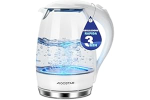 Aigostar Bollitore Elettrico Vetro Bianco 1,7 Litri - Bollitura Rapida Electric Kettle 2200W, illuminazione a LED, Vetro Borosilicato, Senza BPA, Filtro Anticalcare, Spegnimento Automatico
