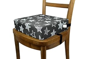 IMMACULATE TEXTILES Baby / Toddler Dining Table Booster Seat Cushion with Straps - 32x32x8cm - 600D Oxford Polyester : Waterproof, Extra Firm & Easy to Clean : Suitable for Ages 3+ (Black with Silver Stars)