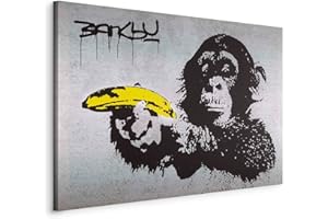 B&D XXL - Wandbilder XXL Banksy Monkey with Banana Gun 120x80 cm 1 tlg Wand Deko Leinwand Bilder Groß Wanddeko Wohnzimmer Schlafzimmer Kunstdrucke - Affe mit bananen Pistole Street Art 030115-40
