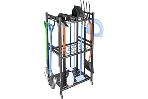 Ainbonte Garden Tool Organizer with 4 hooks, garden tools holder stand for rakes, Shovels, heavy duty tools storage rack on wheels, Utility yard tool storage for garden, Garage, Shed (42x30x80 cm)