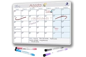 BRM PRO Calendario escolar magnético mensual planificador mensual de familia cole extraescolares de borrado en seco, tamaño dinA4, grandes huecos, 4 rotuladores punta fina