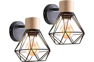 iDEGU Lot de 2 Appliques Murales Industrielles Design Cage en Métal Lampe Murale Bois Décoration Ajustable Vintage Luminaire Interieur pour Chambre Couloir Salon, 16CM (Style-B Noir)