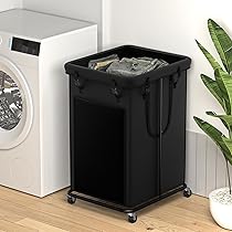YKDIRECT Grote wasmand, 150 liter, wasmand, kledingmand, metalen frame en afneembare zakken, design met wielen, geschikt voor slaapkamer, badkamer, slaapzaal, bijkeuken (zwart, 150 liter