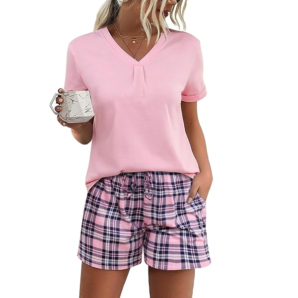 Leversic Pyjama Coton Femme Court Été - Ensemble Manches Courtes Short à Carreaux S-XXL
