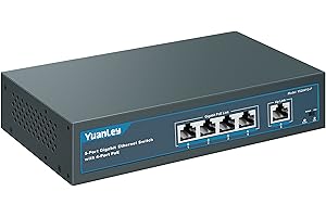 YuanLey 5 Port Gigabit PoE Switch with 4 Port PoE+, 802.3af/at 78W de Potencia Incorporada, Sin Ventilador, Metal, Plug & Play No Administrado