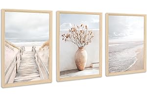 HALFLEMART 3Pcs Marco de Madera Cuadro Moderno Camino a la Playa Cuadro Decoracion Salon Paisaje Marino Beige Pintura Imagen Paisaje Costero Cuadros Decorativos Salon Dormitorio Baño 30cmx40cmx3 (Sin Plexiglás)