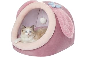 Jiupety Bonita cama para gatos para interiores, cálida y suave para gatos de hasta 16 libras y cachorros, conejo rosa, M