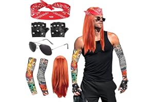 Wondora 80er Jahre Outfit Herren, 70er 80er Jahre KostüM Okuhila PerüCke Herren, Hippie KostüM Herren, Disco Sonnenbrille Vokuhila PerüCke Schnauzbart für Rollenspiel, Halloween, Fasching (5 StüCk)