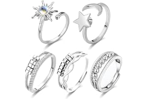 SSKHE 5anillos de ansiedad para mujer, anillo de plata giratorio ajustable para adolescentes y niñas, anillos mariposa, luna y estrella